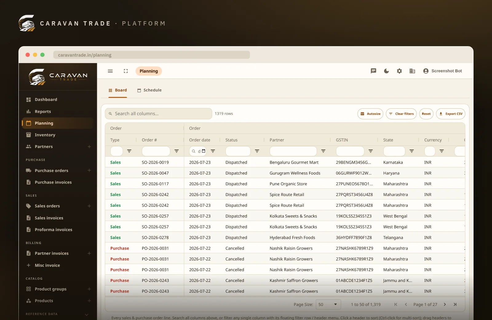 Planning board — every purchase and sales order line in one filterable grid, with a calendar schedule tab