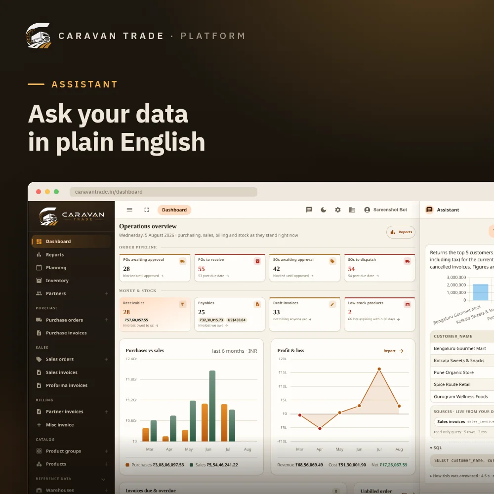 The analytics assistant — ask a question about your data in plain English and get the numbers, the tables it read and the SQL it ran