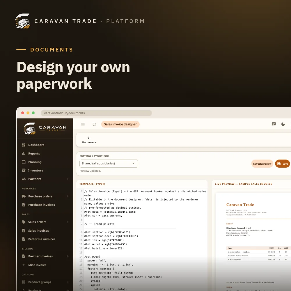 Document designer — edit the invoice layout with a live PDF preview of a branded GST tax invoice