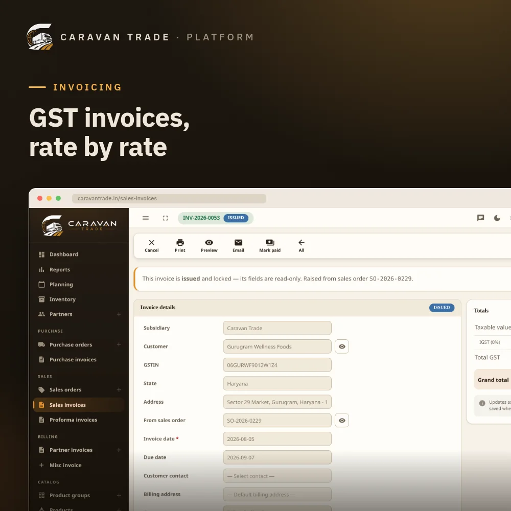 Issued GST sales invoice — taxable value, IGST at the rate it was applied, and a locked read-only record