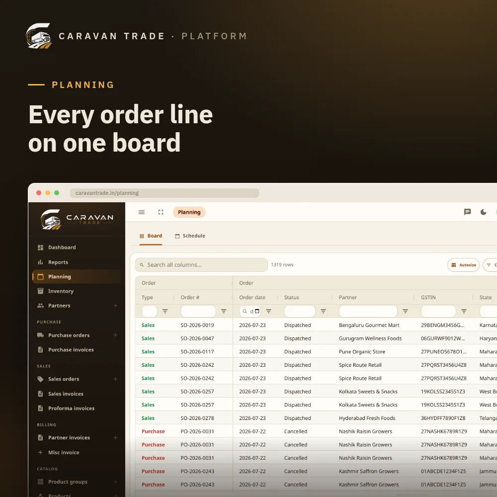 Planning board — every purchase and sales order line in one filterable grid, with a calendar schedule beside it