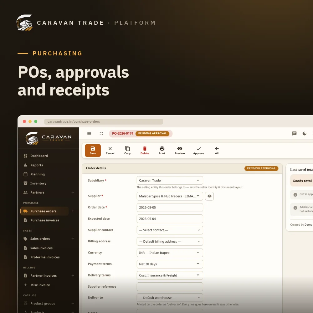 Purchase order awaiting approval — supplier, terms, line items and the approval action
