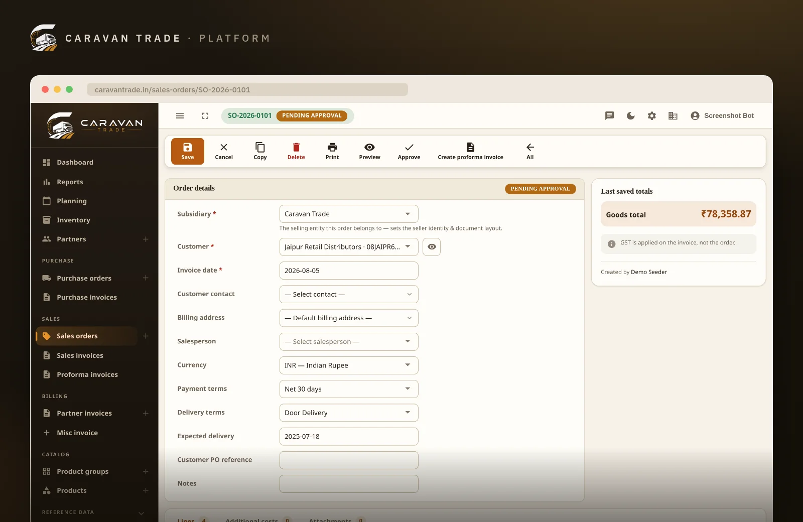 A sales order awaiting approval, with its customer, terms, lines and last-saved totals